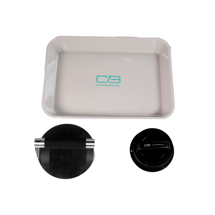 White rectangular tray with Char-Broil logo, black lid with handle.