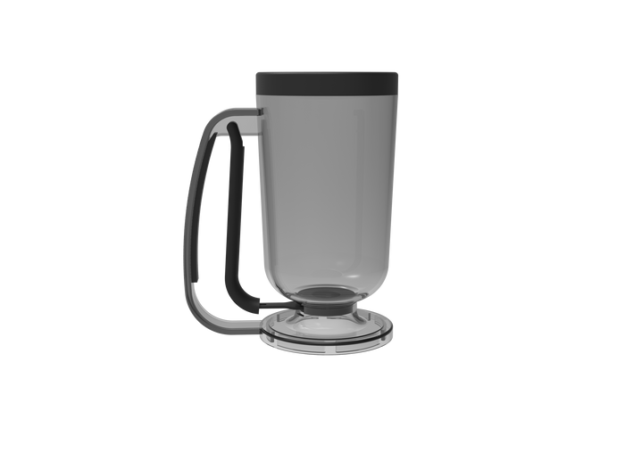 Gray coffee press with handle and base, modern design.