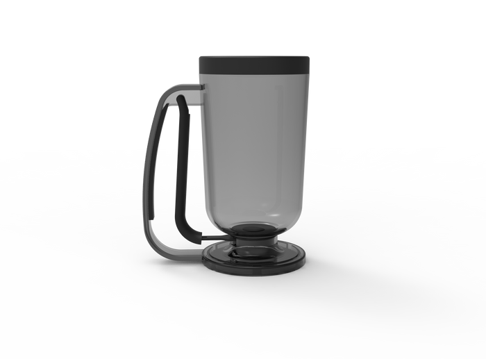 Gray travel mug with lid and handle, standing on a wooden surface.