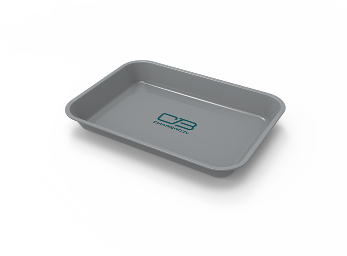 Gray O2 Charbr tray with lid, designed for grilling or cooking.