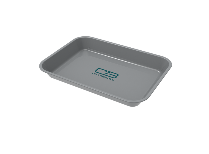 Gray rectangular tray with "Char-Broil" branding and "OIL" marking.