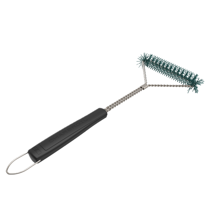 Black Char-Broil grill brush with green bristles and metal chain.