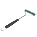Black Char-Broil grill brush with green bristles and metal chain.