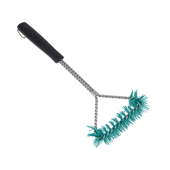 Turquoise grill brush with black handle and metal chain.