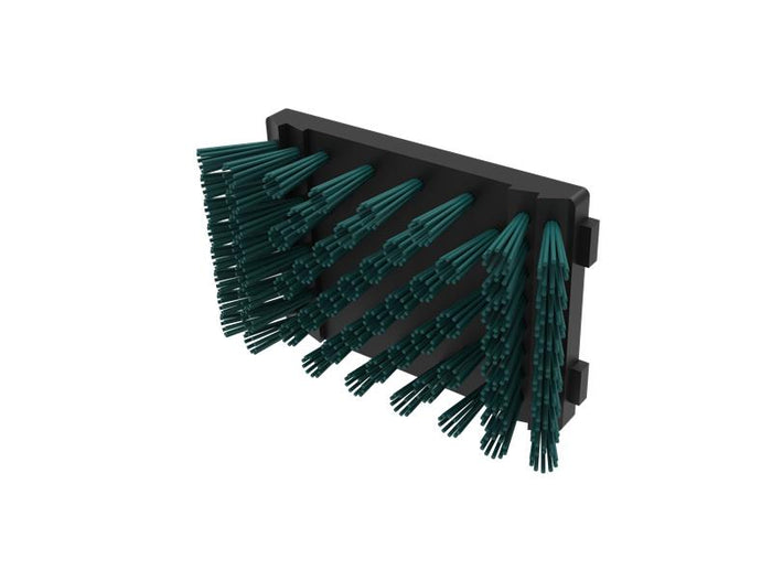 Black rectangular component with green bristle-like protrusions.