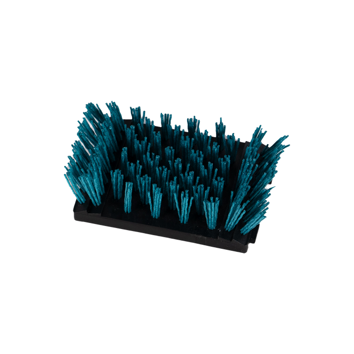 Blue artificial grass in black tray, synthetic turf display.