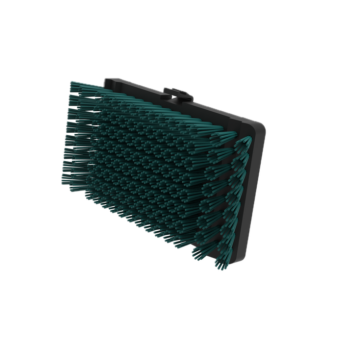 Green bristle brush with black handle, angled view.