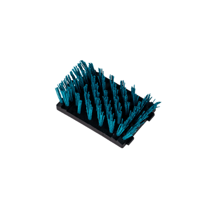 Blue bristle brush with black base, angled view.