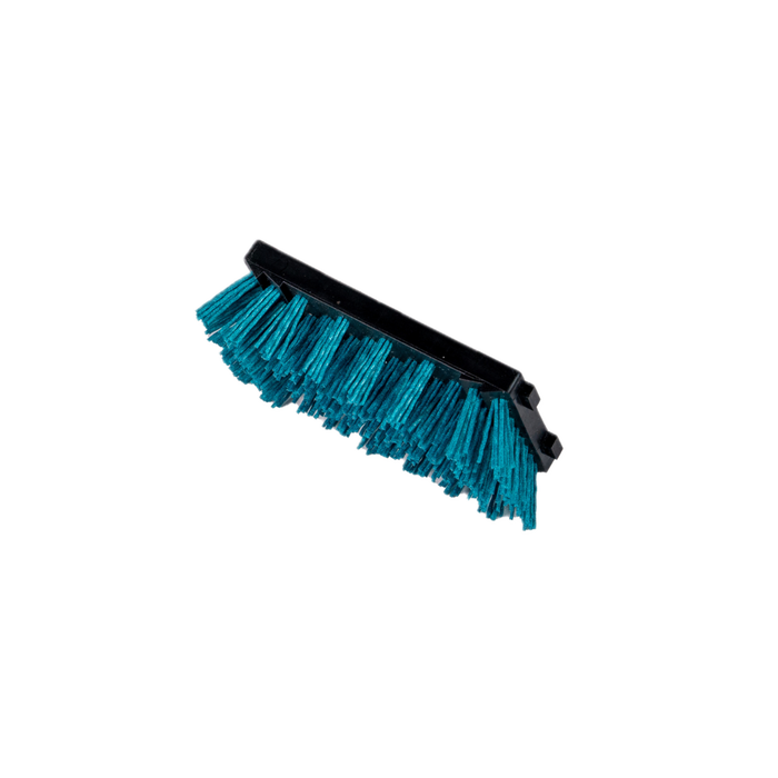 Teal-bristled black-handled scrub brush.