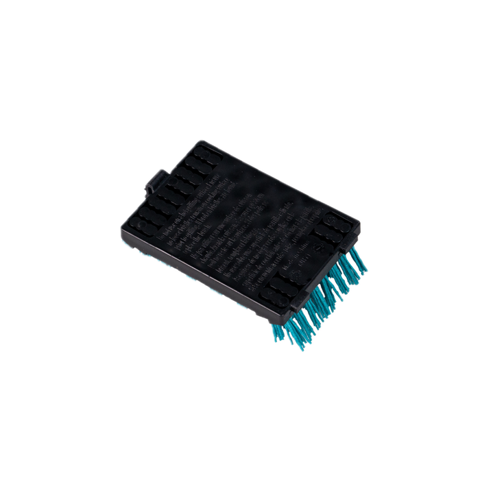 Black plastic brush with teal bristles, likely for cleaning or scrubbing.
