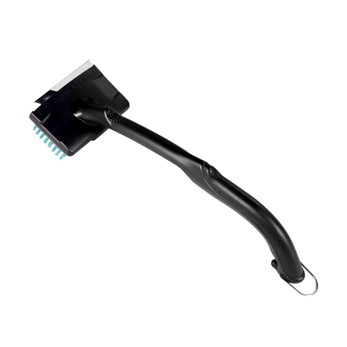 Black Gillette shaving brush with curved handle and metal band.