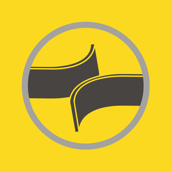 Yellow background with a gray circle containing a black and yellow curved arrow icon.