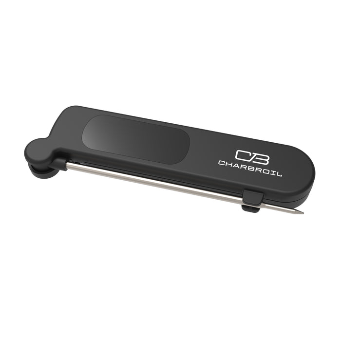 Black digital meat thermometer with foldable stainless steel probe and Char-Broil logo on top. Compact and portable design.
