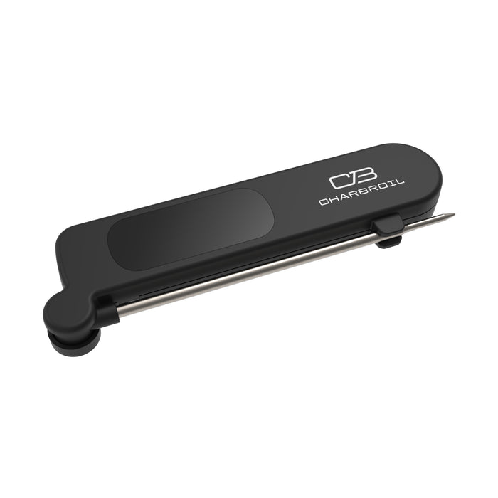 Black digital meat thermometer with foldable stainless steel probe, Char-Broil logo on top. Compact and portable design.