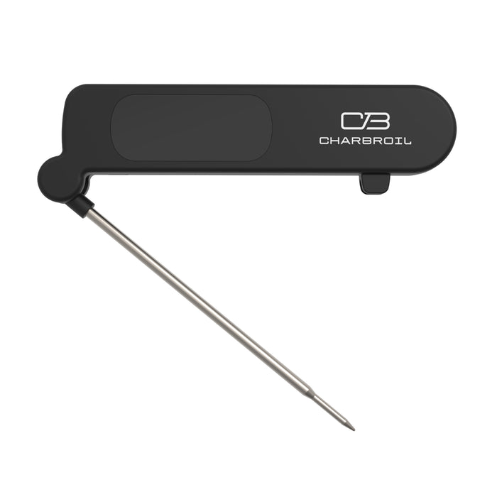 Black digital meat thermometer with fold-out stainless steel probe and Char-Broil logo on the handle.