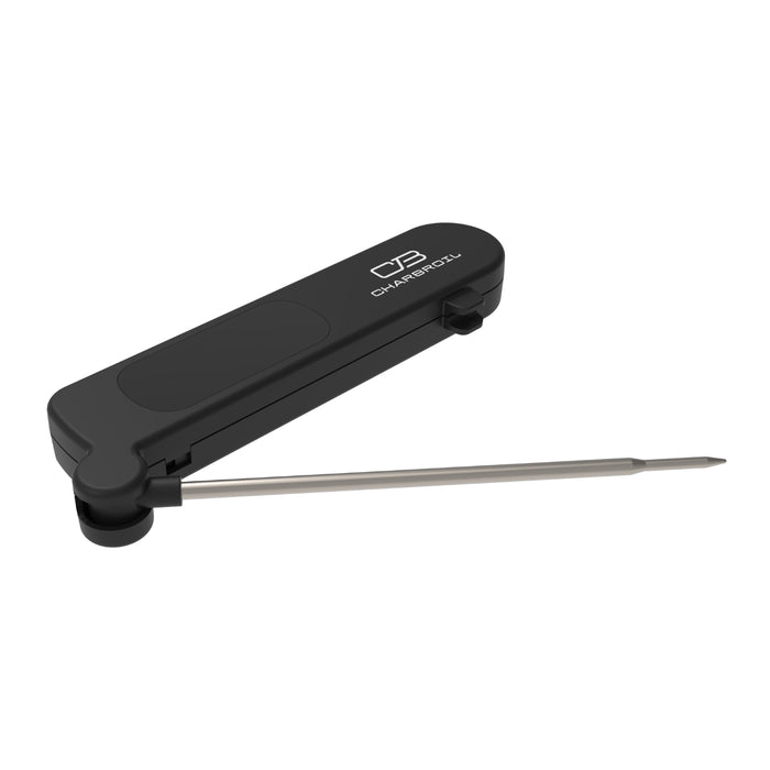 Black digital meat thermometer with a fold-out stainless steel probe and Char-Broil logo on the handle.