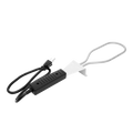 Black power adapter with white USB connector and wrist strap.