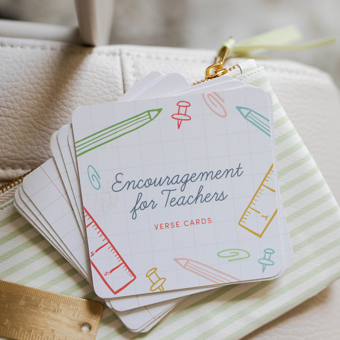 Encouragement for Teachers Verse Cards with Rounded Corners laying on a green stripe pencil pouch