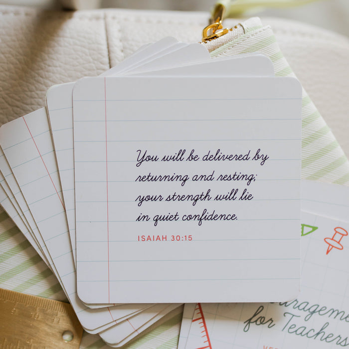 Encouragement for Teachers Verse Cards with Rounded Corners verses side up laying on a green stripe pencil pouch