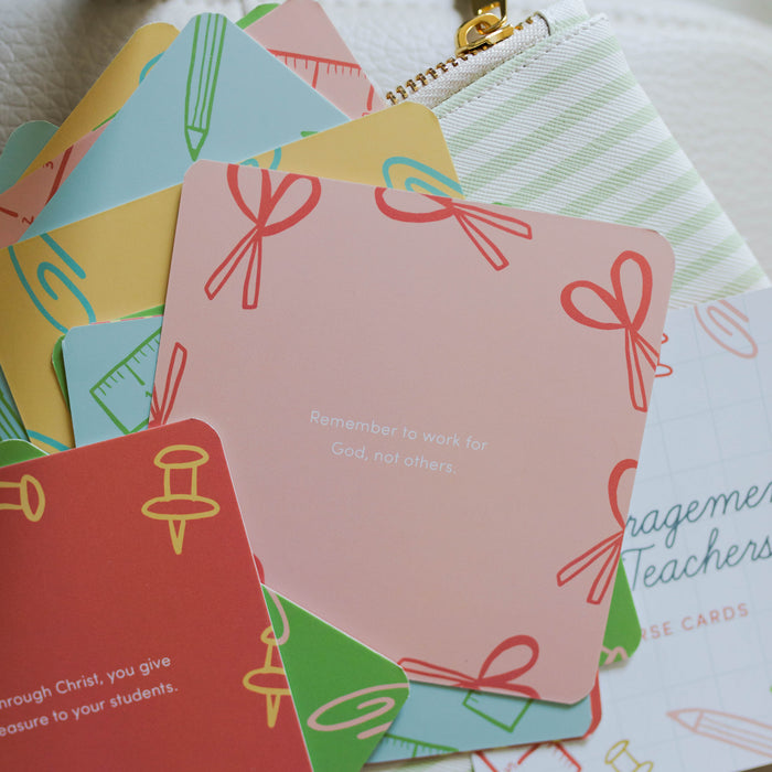 Colorful Encouragement for Teachers Verse Cards with Rounded Corners multiple cards laying on a green stripe pencil pouch