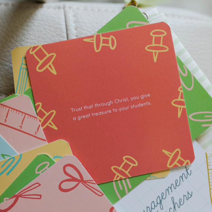 Colorful Encouragement for Teachers Verse Cards with Rounded Corners laying on a green stripe pencil pouch