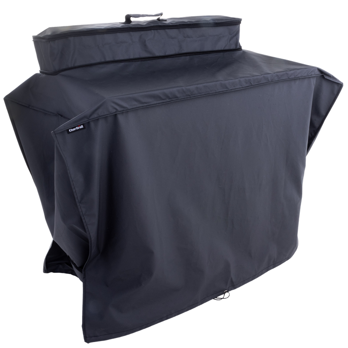 Dark gray Char-Broil grill cover with adjustable straps and handle.