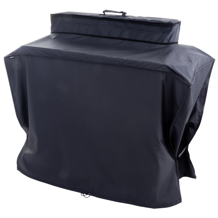 Dark gray outdoor grill cover with adjustable straps and handle.