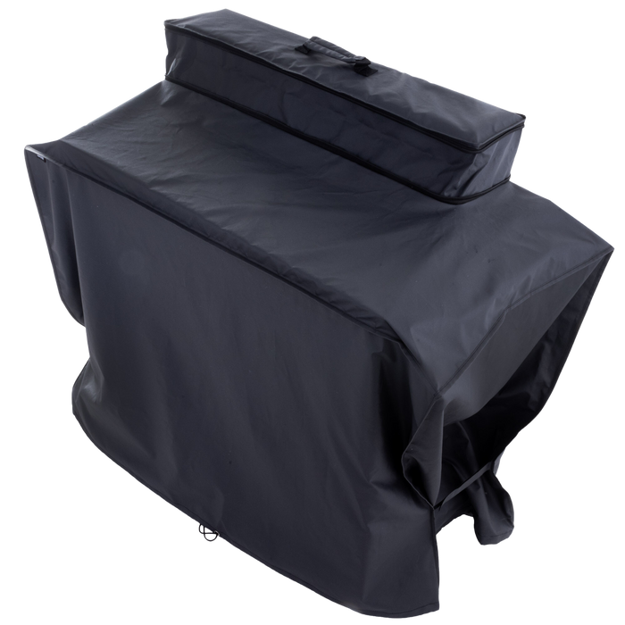 Black protective cover for outdoor furniture or equipment.
