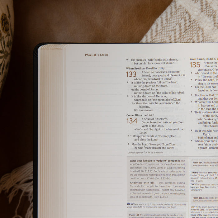 Open Bible with visible text on a wooden surface
