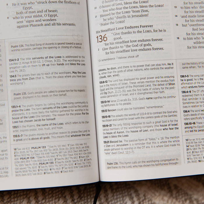 Open bible with text on a wooden surface