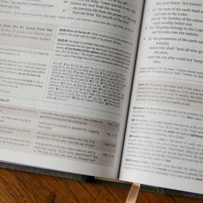 Open Bible with text on a wooden surface