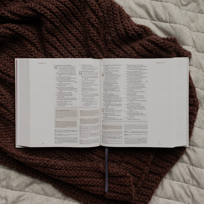 The ESV Bible Roman opened to the Psalms page on a brown blanket