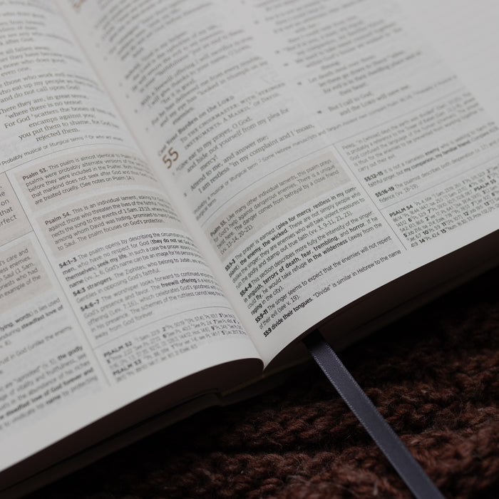 Up close of the ESV Bible Roman tassel on a brown blanket