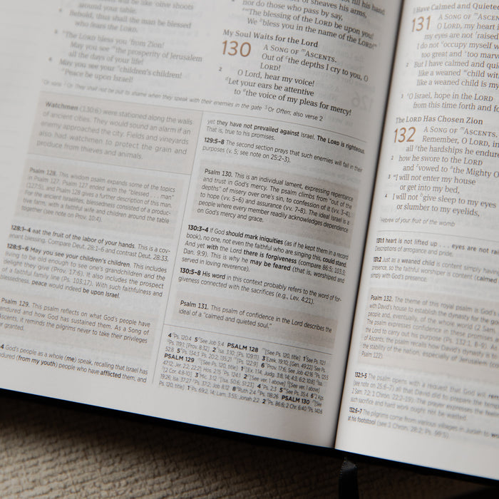Open bible with text on a wooden surface