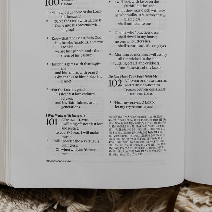 An open black bible opened to Psalms 101 up close on a textured blanket