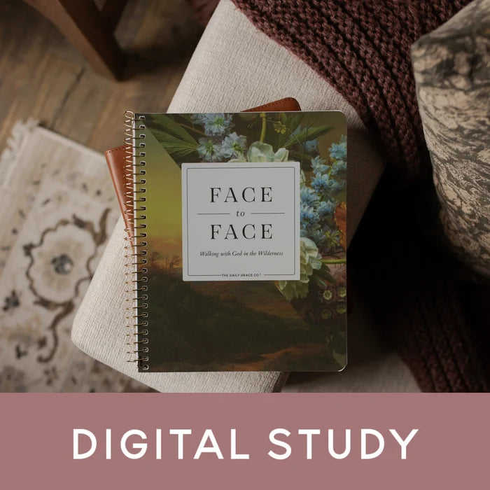 Face to Face Spiral Study cover on a bible on a couch with a banner that says Digital Study