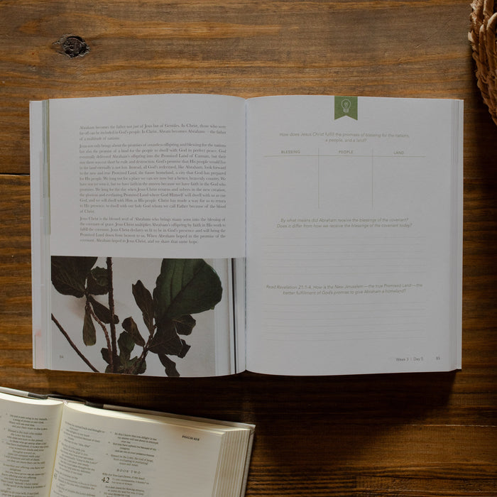 Faithful matter study opened to week 3 day 5 page on a wooden table next to an open bible