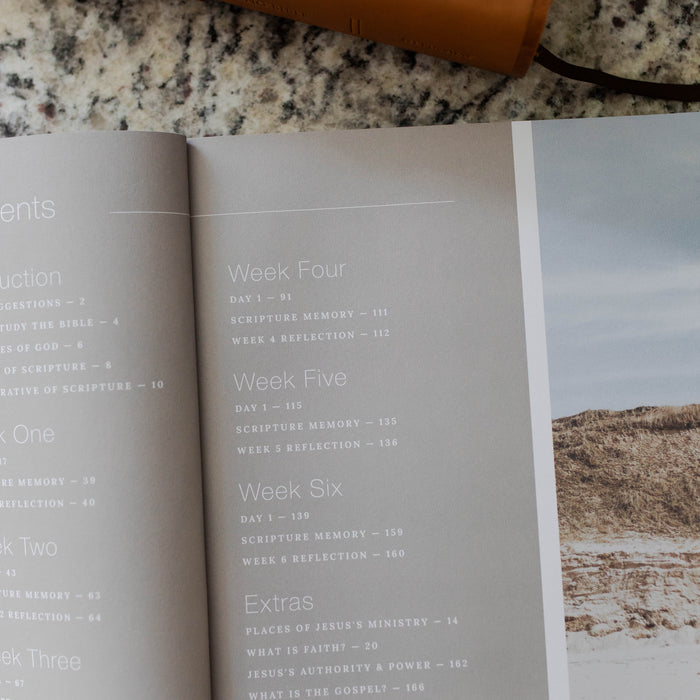 Mens Follow Me Matte Study opened to the contents page close up of week four through six