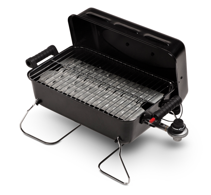 Black portable gas grill with foldable legs and control knob.