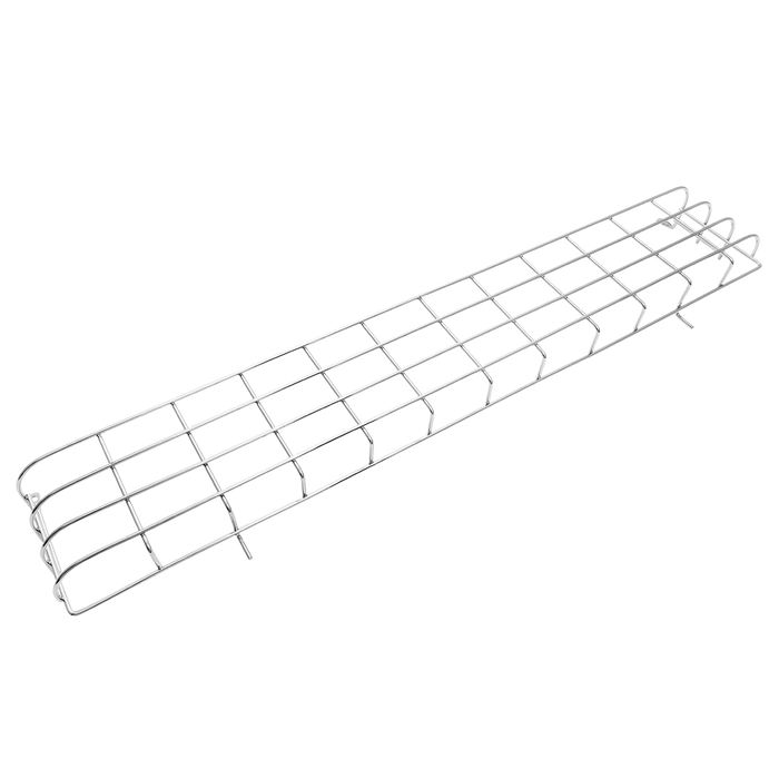 Silver wire mesh storage basket with curved ends.