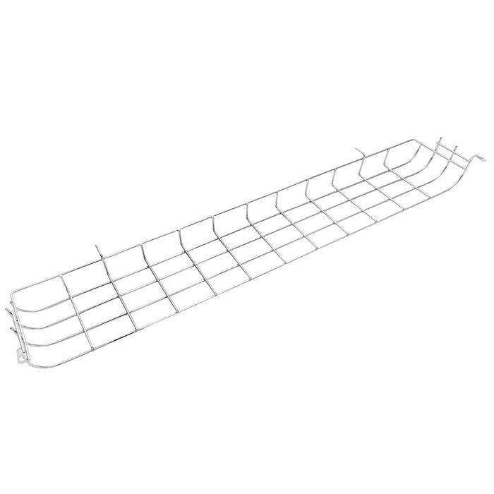 Silver wire storage basket with raised dividers and hooks.