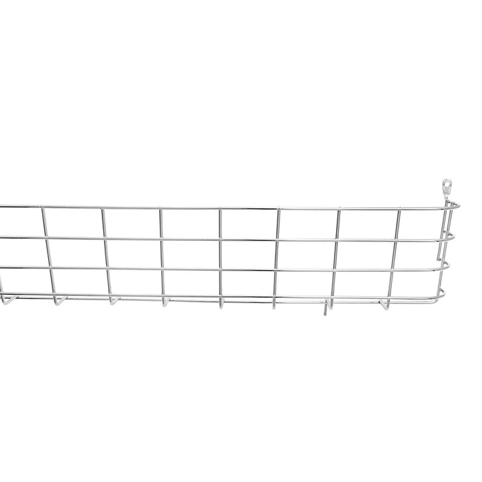 Silver metal wire basket with hooks for storage or organization.