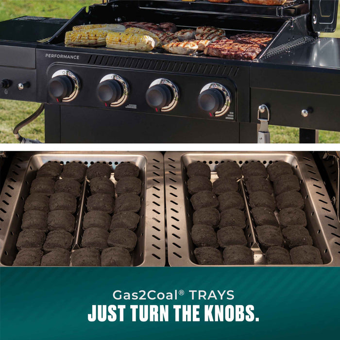 Black performance grill with four burners, cooking corn and meat, and charcoal trays inside.