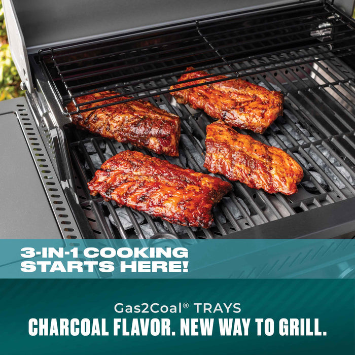 Black grill with 3-in-1 cooking options, featuring ribs on the grates.
