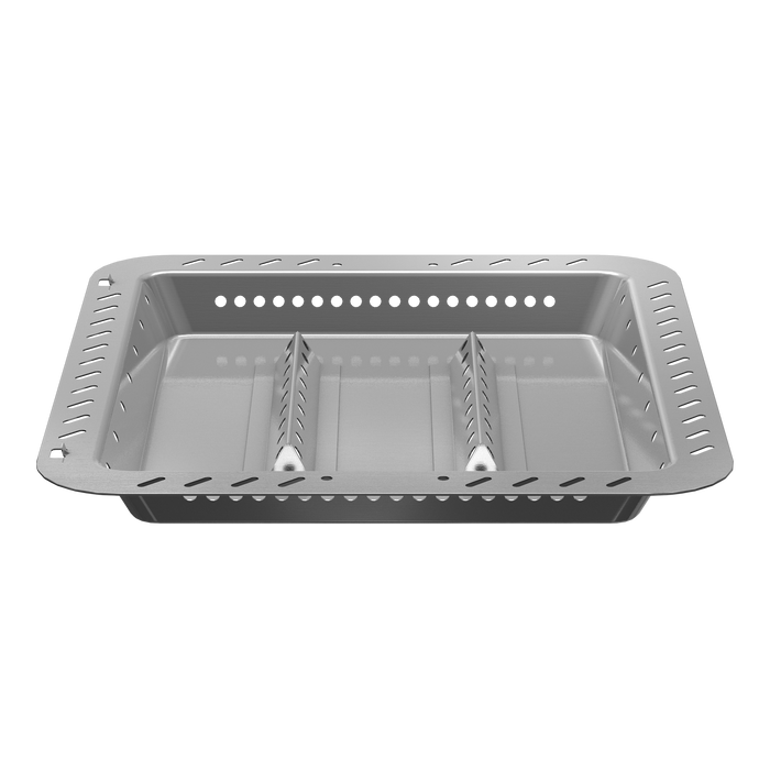 Silver rectangular grill basket with perforated sides and dividers.