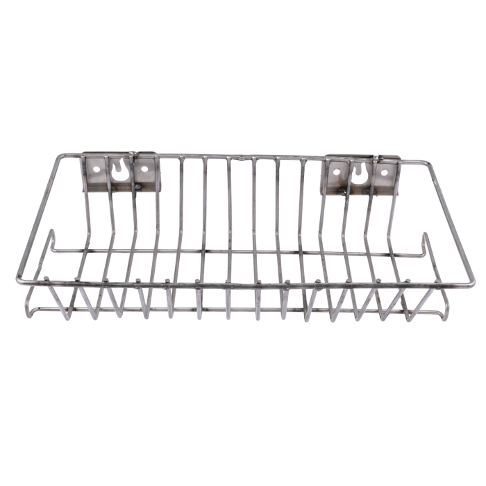 Silver metal dish drying rack with curved supports.