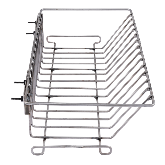Silver metal wire rack with multiple shelves and side handles.