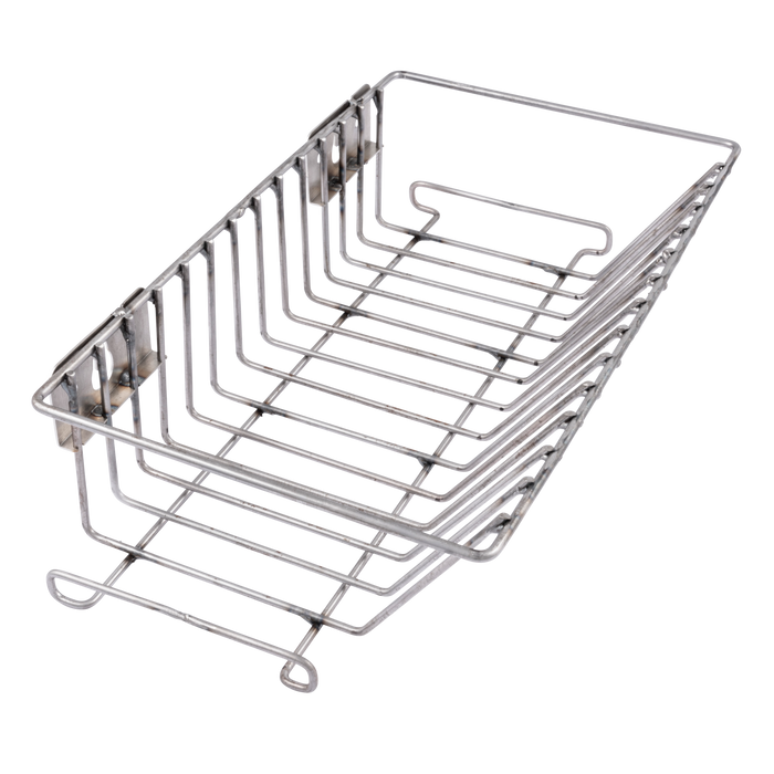 Silver wire storage basket with adjustable dividers.