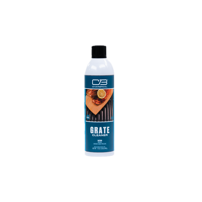 White Char-Broil Grate Cleaner spray bottle with blue label and food image.