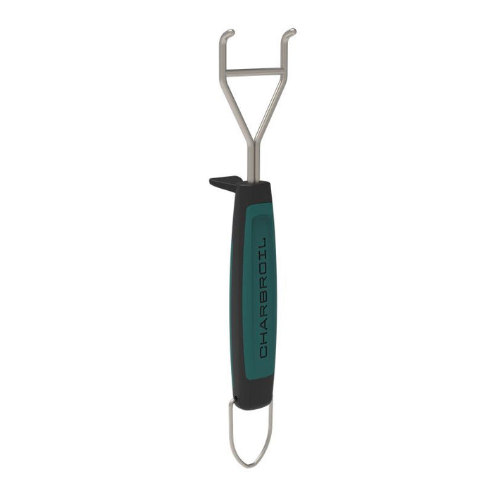 Black and teal Char-Broil grill cleaning tool with metal hooks.
